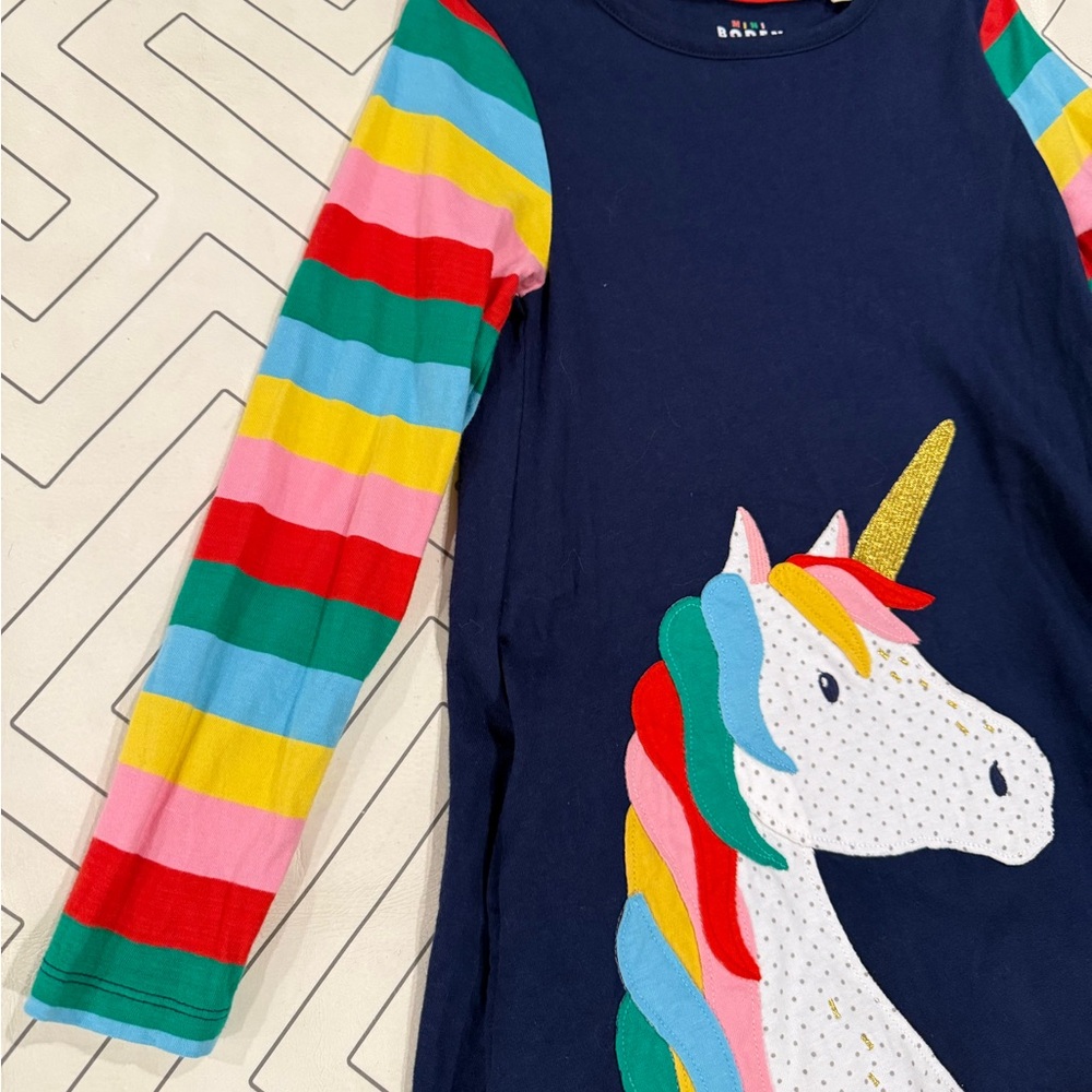 Mini Boden Navy Rainbow Unicorn Swing Dress - Picture 3 of 11